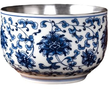 CAPIJIONG Taza de té de plata dorada esmaltada azul y blanco, 160 ml, taza de té antigua de cerámica para el hogar, plata dorada, loto bordado azul y blanco