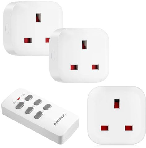 SURAIELEC Remote Control Plug Socket UK, 100Ft Wireless Light Switch, 13A/3120W Heavy Duty Indoor Wireless Outlets, Energy Saving Sockets for Home and Mobility Needs, 3-Socket with 1 Remote