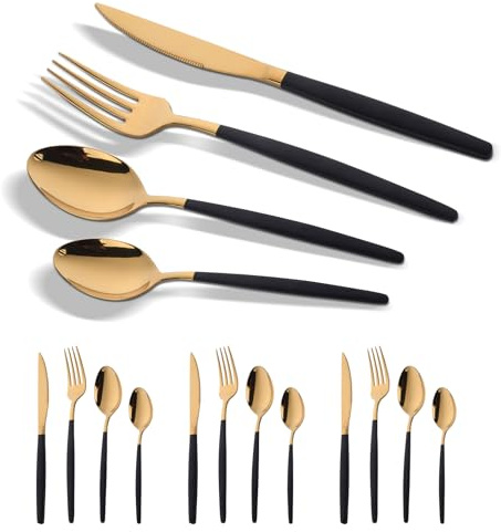 Gold and Black Stainless Steel Cutlery Set - 16 Piece Silverware Service for 4 With Golden Plated Flatware, Knife Fork Spoon - Durable and Dishwasher Safe