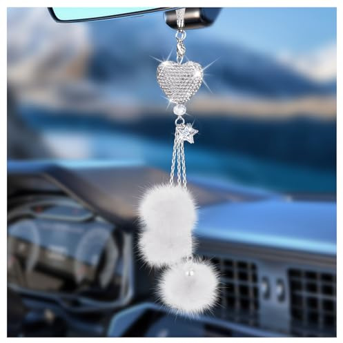 Bling Car Hanging Ornament, Bling Car Mirror Accessories for Women, Diamond Heart and Fuzzy Plush Ball, Rear View Mirror Hanging Charm Pendant, Lucky Hanging Accessories (White Heart, White Fluff)