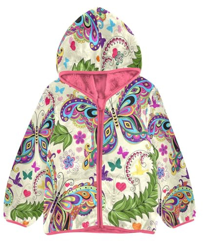 Abrigo de forro polar para niñas, diseño étnico de mariposas y flores, con cremallera, para niños, chaqueta con capucha y corazones de primavera, talla 3-10T, multicolor, 4 años