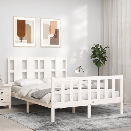 Iiaky Massivholzbett mit Kopfteil Bettgestell Bed Frame Holzbett Kopfteil Bett Schlafzimmer Bett Massivholzbetten Weiß 120x200 cm // 3192227
