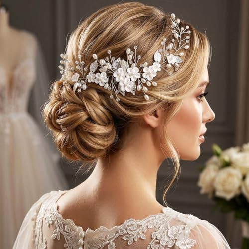 Unicra Blume Hochzeit Haar Rebe Blatt Braut Kopfstück Silber Perle Haarschmuck für Frauen und Mädchen (Silber, One Size)