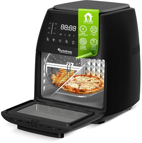 TurboTronic Heißluftfritteuse XXL 12L – Digitale Airfryer & Dörrautomat mit 12 Programmen, Fettfrei Frittieren und Dörren (40-200°C) Power inkl. Drehspieß und Drehkorb - Schwarz