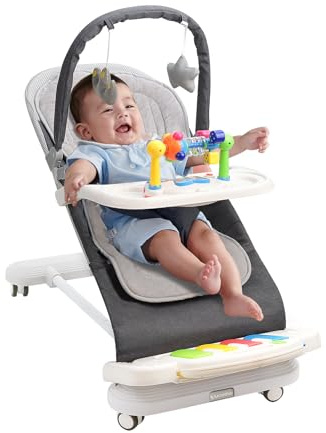 Baby Bouncer with Detachable Piano Toys, Baby Rocker with Feeding Tray, Removable Toy Bar, Thickened Cushion and Wheels. 4-Level Adjustable Bouncer Chair for Infants 0-18 Months (Grey)