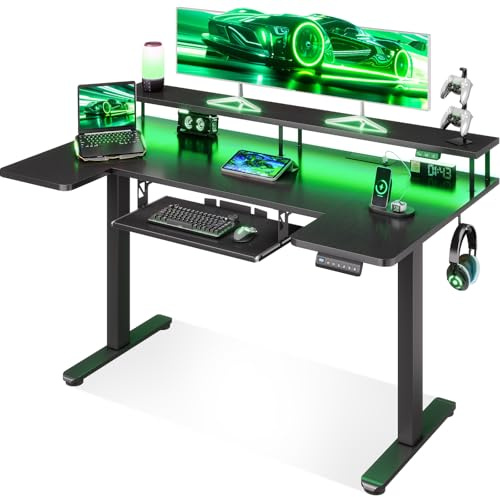OffiGo Standing Desk, 140cm U Shaped Desk with LED Lights & Power Outlets | Electric Sit Stand Rising Table with Keyboard Tray, Height Adjustable Computer Desk with Monitor Stand for Home Office, Black