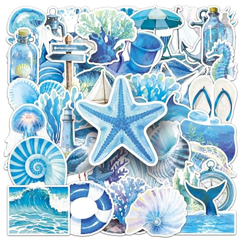 50 PCS Stickers for Aesthetic Blue Ocean,Beachy Sticker Pack Vinyl Skateboard Guitar Door Laptop Luggage Car Bike Water Bottle Birthday Party Supplies Teens Boys and Girls Decals