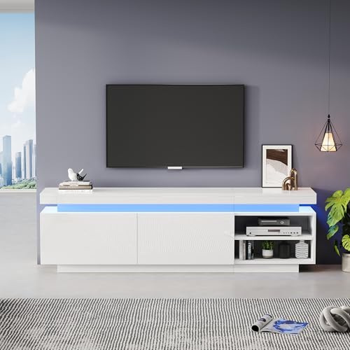 Witimisy Moderno armario bajo de alto brillo para TV con iluminación LED, para televisores de 70 pulgadas, gran espacio de almacenamiento, blanco, 170 x 35 x 50 cm
