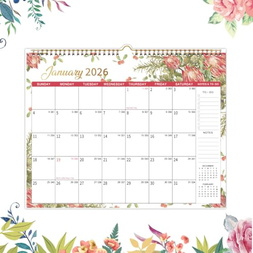 Calendrier mural 2026, janvier à décembre 2026, Planificateur familial avec vacances, Fleurs végétales, Calendrier familial pour la maison, le bureau Calendrier mensuel