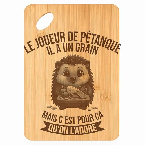 Planche à découper Le Joueur de Pétanque Hérisson Grain - Plateau Apéro en Bambou Cadeau Gravé Collègue Homme Métier Cuisine Barbecue