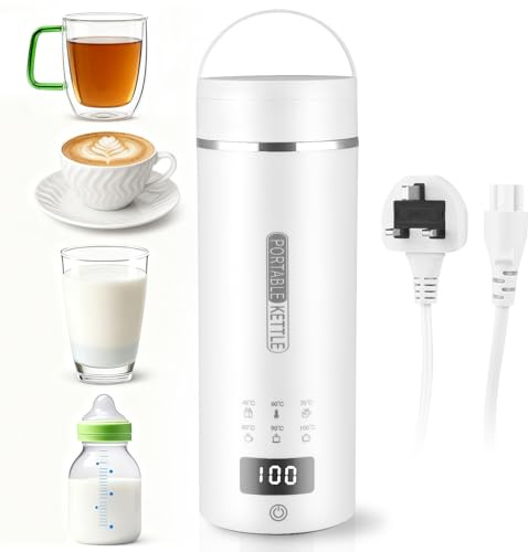 500ML Portable Travel Electric Kettle, 6-Level Temperature Control, 304 Stainless Steel Mini Electric Kettle, USB + UK Plug Dual Use, With Cleaning Brush + Storage Bag (White)