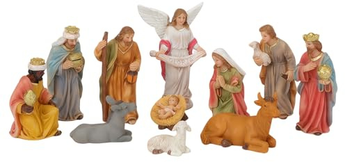 Juego de belén de Navidad con 11 figuras de resina, cuna tradicional de pesebre estable con figuras detalladas pintadas a mano para decoración de mesa del hogar