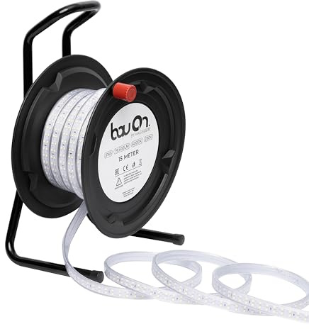 BauOn 15Meter LED Baustellenbeleuchtung LED Trommel, 6000k, 19500lm, IP65, 230V, Innen- & Außenbereich, Lichtschlauch auf Trommel, robuste Arbeitsleuchte für Baustelle & Werkstatt