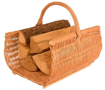 Aqbau Panier à bûches de cheminée 50 x 38 cm en osier avec lattes en bois – Support stable pour bois de cheminée – Panier à bois de chauffage fait à la main pour le rangement ou la décoration