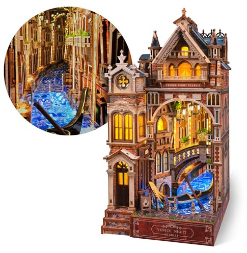 FUNPOLA Venice Night Starlit Book Nook Kit – LED 3D Wood Puzzle with Infinity Mirror – DIY Bookshelf Decor, Miniature Craft Gift for Kids and Adults