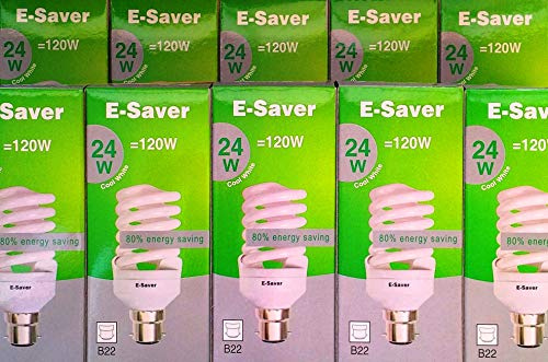 E-Saver - CFL Full Spiral - Energy Saving Light Bulbs - 24w = 120 Watt - (Pack of 10) - 4200k Cool White Light Bulbs - Bayonet Light Bulb (BC- B22- B22d)
