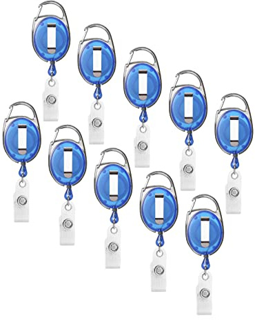 Karteo Ausweishalter Jojo ausziehbar blau [10 Stück] Ausweis Jojo mit Karabinerhaken und Gürtelclip und Vinylschlaufe als Ausweishalter für Kartenhüllen Ausweishüllen