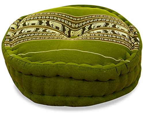 livasia Meditationskissen - Ø 38x15cm - Yogakissen mit Kapokfüllung, Pouf, Bodenkissen rund für Yoga und Zen Meditation, Zafukissen für Garten und Balkon, Sitzkissen handgemacht (Grün/Elefanten)