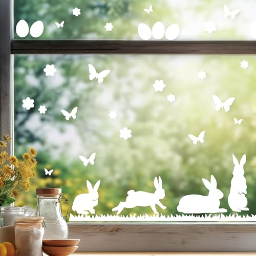 Wandtattoo Loft Fensterbilder Frühling Selbstklebend Hasen mit Schmetterlingen – Weiße Sticker & Wiederverwendbar – Deko Frühling, Frühlingsbild Fenster, Fensterdeko, Fensterbilder Ostern