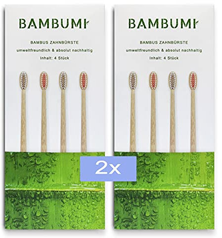 BAMBUMI Bambus Zahnbürsten, Umweltfreundliche Holzzahnbürsten - BPA frei, Nachhaltige Produkte, Biologisch abbaubare Handzahnbürsten (8er-Pack rot/bambus)