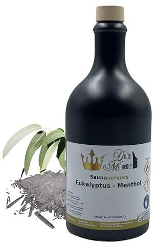 Dufte Momente | Saunaduft Eukalyptus - Menthol 500ml in schwarzer Steinzeugflasche mit Korkmündung | naturreine ätherische Öle | vegan, ohne Tierversuche