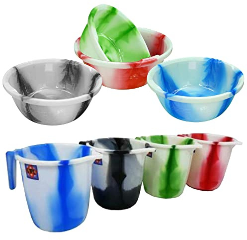 (Set of 2) 12 Tiedye Design Plastic Round Washing Up Bowl Kitchen Mixing Fruits Vegetables Wash Dish Tub Basin with 1.5L Jug/Mug with Handle & Spout for Mixing Measuring Bathroom (Random Colours)