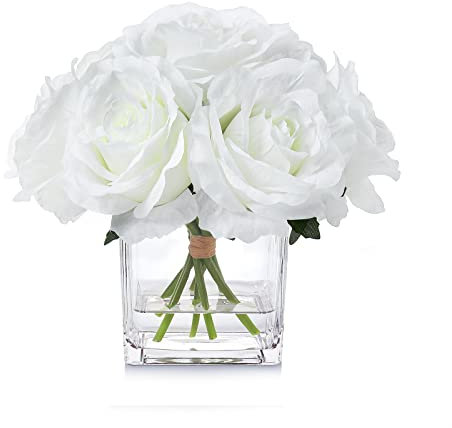 RubyStory 7 große Rosen mit Stiel, künstliche Blumen in Vase, Seidenblumen in Vase für Heimdekoration, Hochzeitstisch (cremefarben)