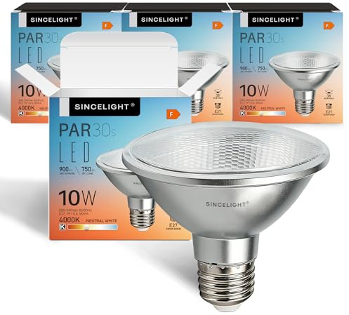 SINCELIGHT Ampoule LED PAR30s avec Culot E27, Réflecteur Optique 38°, 10W, Couleurs Vives IRC>92, Neutre Blanc 4000K, 900 Lumens équivalent à 90W Halogène, Paquet de 4