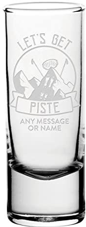 Personalisiertes Let's Get Piste Skifahren Name Shot Shooter Glas Tall Double 60ml Multipack 5, 10, 20, 30, 40, 50, 100 Gläser Hirsch Hen Do Hochzeit Geburtstag Tequila Rum Gin Whisky 18. 21