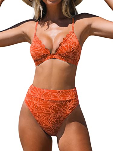 CUPSHE Bikini Set for Women High Waisted Scalloped Two Piece Swimsuit,L