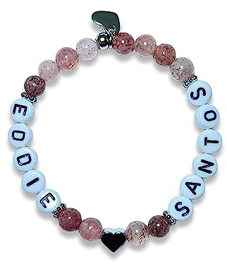 Majas Perlen Armband Erdbeerquarz Namen - Herz und Daisyperlen echt platiniert - Perlen 6mm - Geschenk Mama Liebe Freundin Baby - Turmalin Amazonit Apatit Aquamarin uvm. - Handmade Personalisierbar