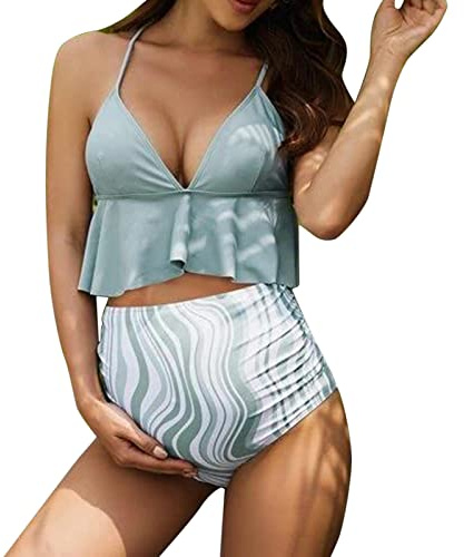 GZYshoyao Umstandsbikini Damen Große Größen Swimsuit Schwangerschafts Bikini mit Unterbauchhöschen und Neckholdertop Polstern, für Schwangerschaft und Stillzeit, extra elastisch (82-Light Blue, XXL)