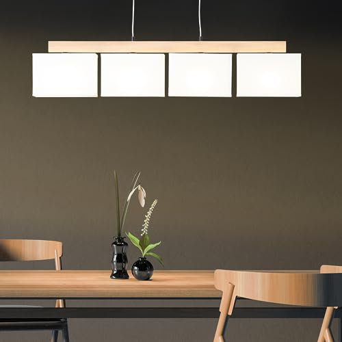 Lightbox 4 flammige Hängelampe - Boho Pendelleuchte mit kürzbarem Kabel - 113 x 95 x 12 cm - E27 Fassung - max. 25 W - aus Metall/Holz/Textil - aus Stieleiche und in eiche geölt/Weiß