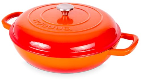 Cacerola de hierro fundido poco profunda con tapa – Olla antiadherente para horno holandés – Olla resistente a prueba de horno – Olla esmaltada – Naranja, 5 cuartos de galón, 32 cm – por Nuovva