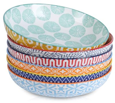 Selamica Keramiska pastaskålar set 34 oz, stor sallads- och middagsskålar 20 cm, breda grunda och djupa tallrikar för pastasoppa, mikrovågsugn och diskmaskinssäker, set med 6, blandade färger