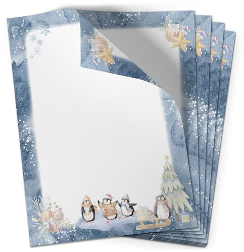 Weihnachtspapier A4 | Weihnachtsbriefpapier beidseitig bedruckt, 50 Blatt | Premium Briefpapier Weihnachten Aquarell Pinguine Blau | weihnachtliches Motivpapier Schreibpapier Druckerpapier 90 g/qm