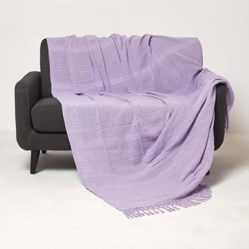 HOMESCAPES Handwoven Lilac Purple Throw 150 x 200 cm Textured 100% Cotton Throw Blanket with Tassels Lightweight All Season “Kashi” Bed or Sofa Throw