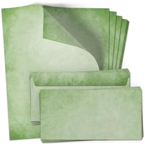 50 Briefpapier und Briefumschlag SET | Vintage Grün Altes Papier Look | Papier und Umschlag mit Design-Motiv bedruckt | 90 g/m²
