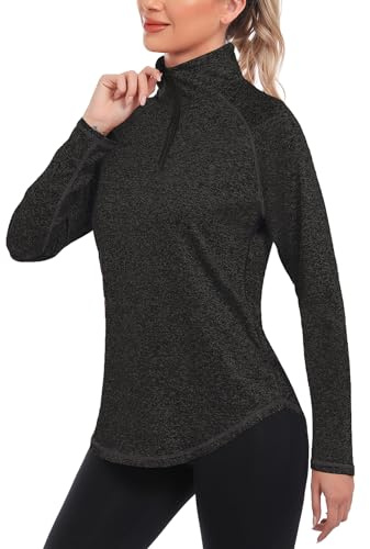 iClosam Maglia Sportiva Donna Manica Lunga Maglia Tecnica Trekking con Mezza Zip Maglietta da Corsa Traspirante Maglie Running Leggera Nero M
