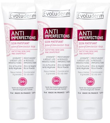 EVOLUDERM – Soin Matifiant Anti-Imperfections - 50 ml - 94% d'Origine Naturelle - Végan - Fabrication Française - Lot de 3 x 50 ml