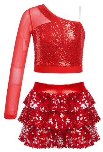 Miaeowve Kids Girls Jazz Dance Costume Shiny Sequin One Shoulder Crop Top with Metallic Skirt Ballet Latin Dance Dress Red 7-8 Years