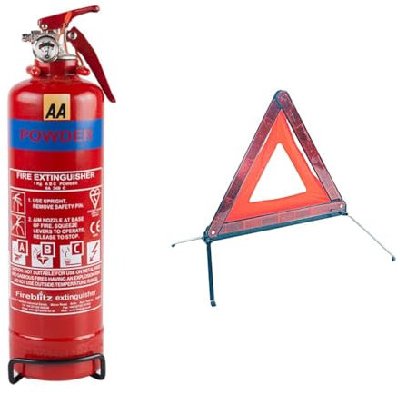 AA 1kg Fire Extinguisher AA6653 – Uses ABC Powder Small Fires – Lightweight Easy Use UK Made & Warning Triangle For Breakdown Roadside Emergency Hazard AA0071 - EU Driving Legal Standard