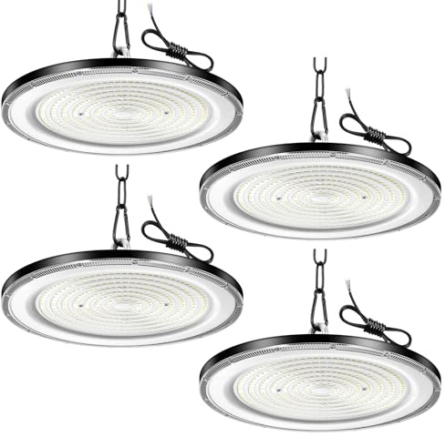 Viugreum 4 Paquetes de UFO LED 500W, Proyector LED exterior 50000LM, Blanco Frío 6500K, AC 85-265V IP65 Impermeable Iluminación de Taller, Led Industrial UFO con Cadena para Fábrica Taller Gimnasio