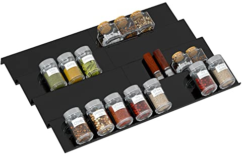 Sezanrpt Acrylic Spice Organizer Rack - Adjustable 12-24 Inch Wide, 4 Tier Shelf for Kitchen Drawer Display - Spice Tray