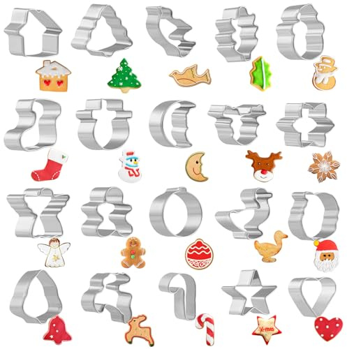 GWHOLE Formine Biscotti Natale Set 20 Pezzi Mini Formine per Biscotti di Natale Stampo per Biscotti in Acciaio Inossidabile Stampi a Forma di Pan di Zenzero, Alberi di Neve, Barrette di Caramelle