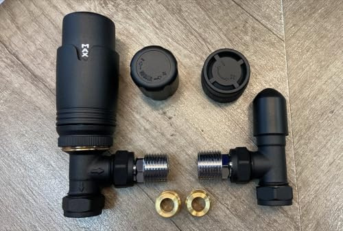 Team Controls Matt Black Angled Thermostatic Radiator Valves TRV & Lockshield 10mm Pack Set- Inc 2no. 10mm Inset reducers
