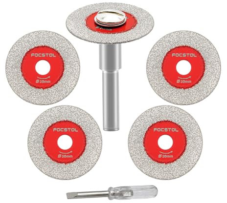 Mini Diamond Glass Cutting Disc - FOCSTOL 5pcs 30mm Saw Blade and 1pc 6mm Round Shank for Glass Jade Marble Granite Artificial Stone Porcelain Tile Ceramic