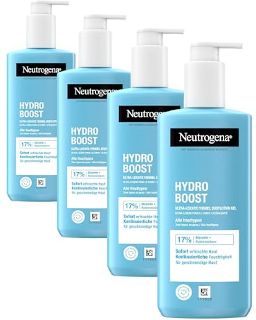 Neutrogena Hydro Boost ultra-leichte Formel Bodylotion Gel (250 ml) für geschmeidige Haut, erfrischende Körperlotion mit 17% Glycerin + Hyaluronsäure für alle Hauttypen (Packung mit 4)