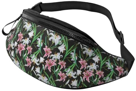 Sac banane à bandoulière pour homme et femme - Motif fleurs de lys - Noir et rose