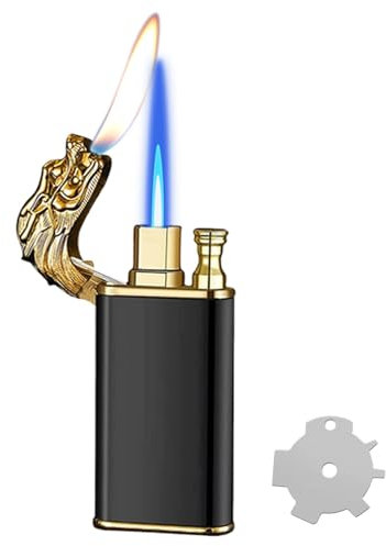 Lighter, Dual Flame Torch Dragon Lighters, Windproof Jet Flame and Soft Flame with Adjusting Flame Tool, Refillable Butane Lighter for Candle, BBQ, Kitchen, Camping(Gas not Included)-Black